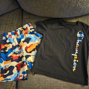 Champion Black Tee with Blue, Orange & Red Camo Shorts Pajama Set
